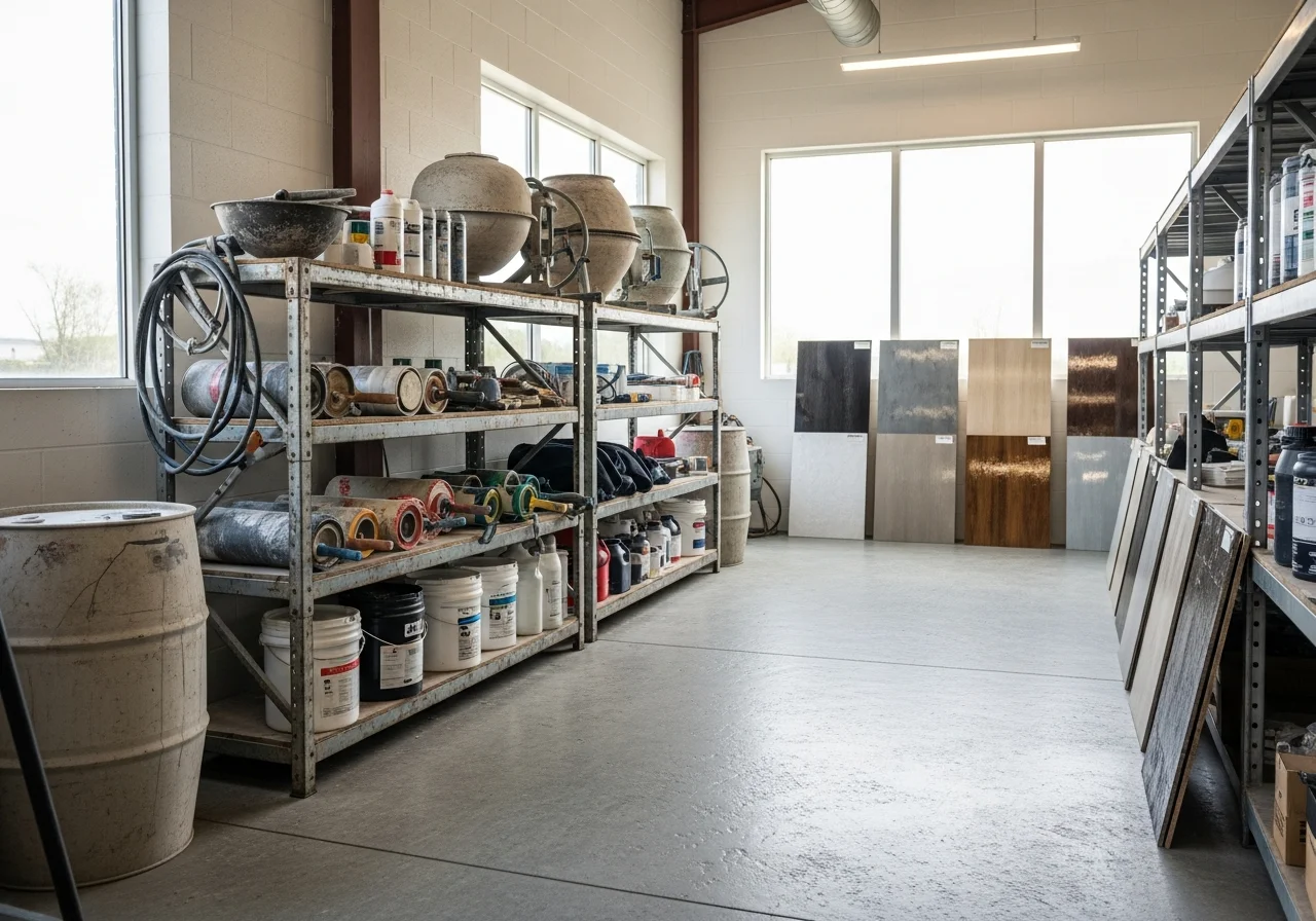 Epoxy flooring installation equipment and supplies displayed in a professional shop setting.