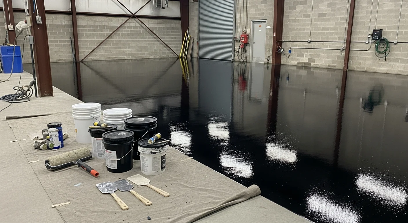 Professional epoxy floor installation in progress on a commercial warehouse floor