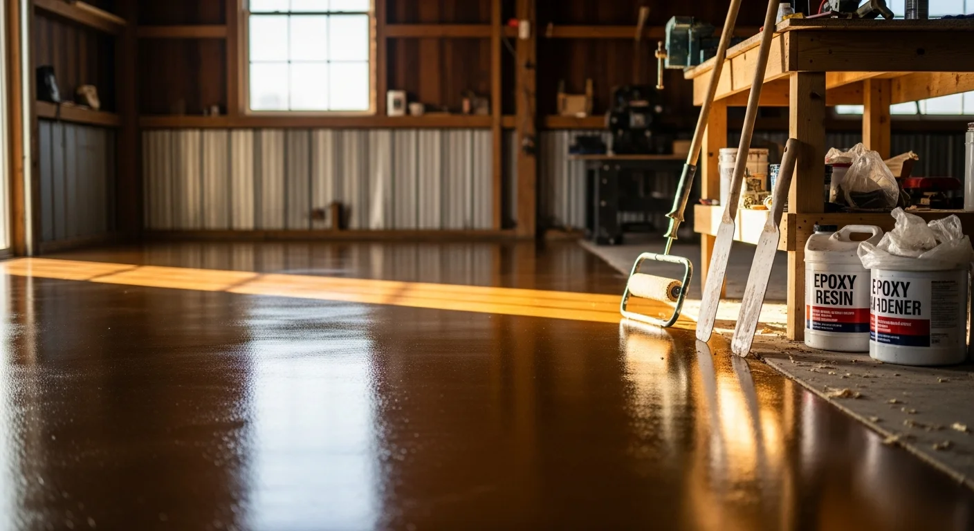Epoxy flooring products and rental equipment displayed in warehouse setting
