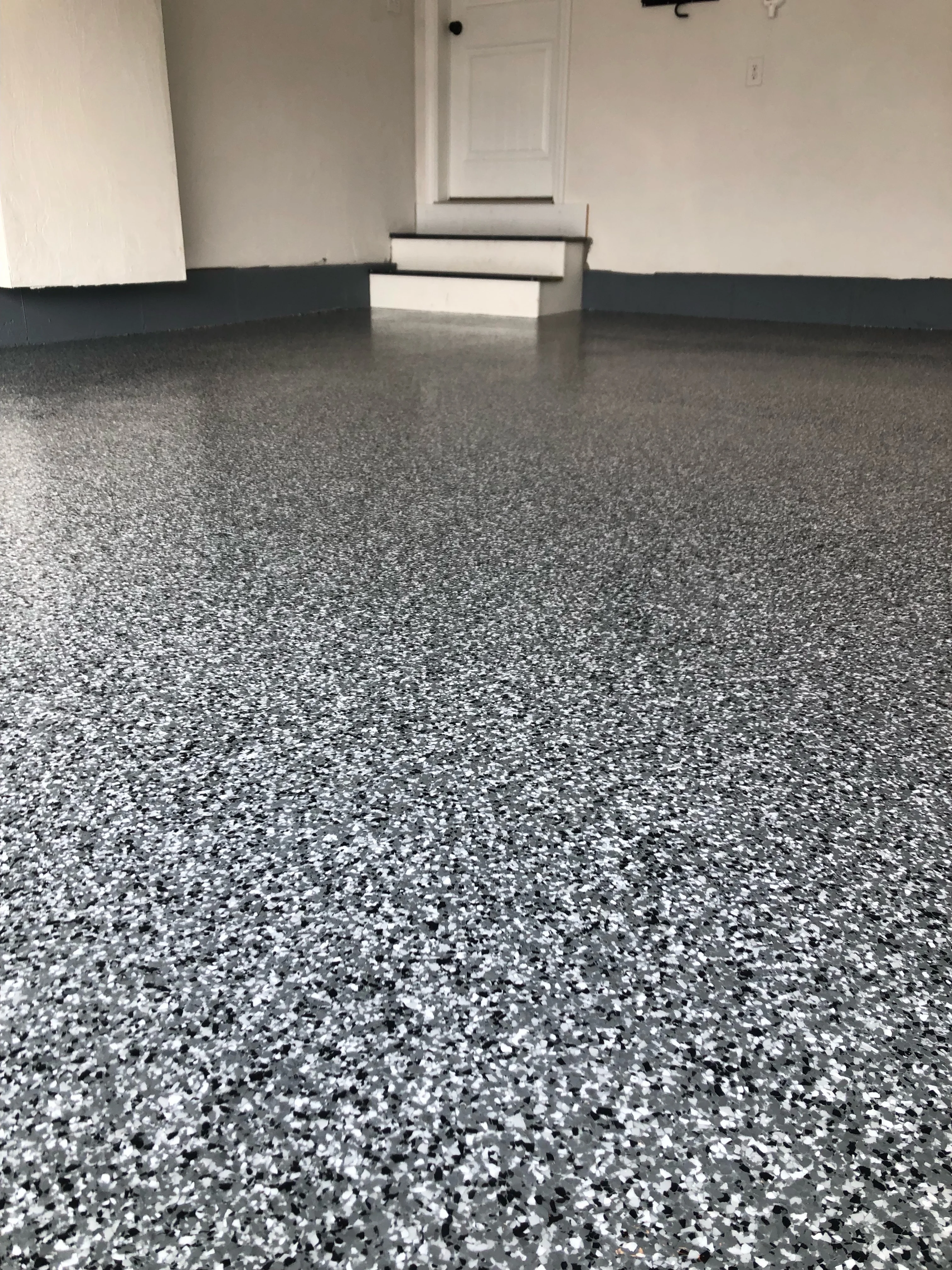 Gray and white speckled epoxy garage floor with baseboard trim and glossy finish