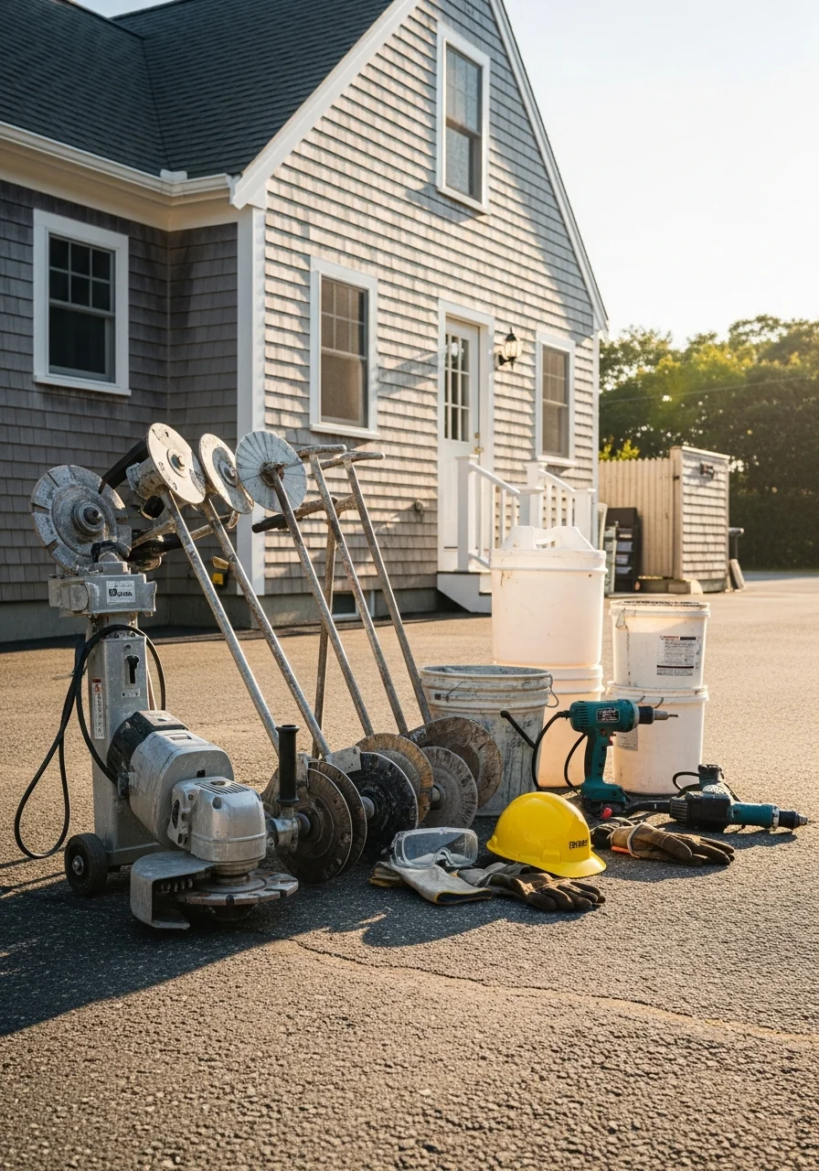 Cape Cod rental equipment lined up for contractor pickup, showing variety of tools and supplies ready for deployment.