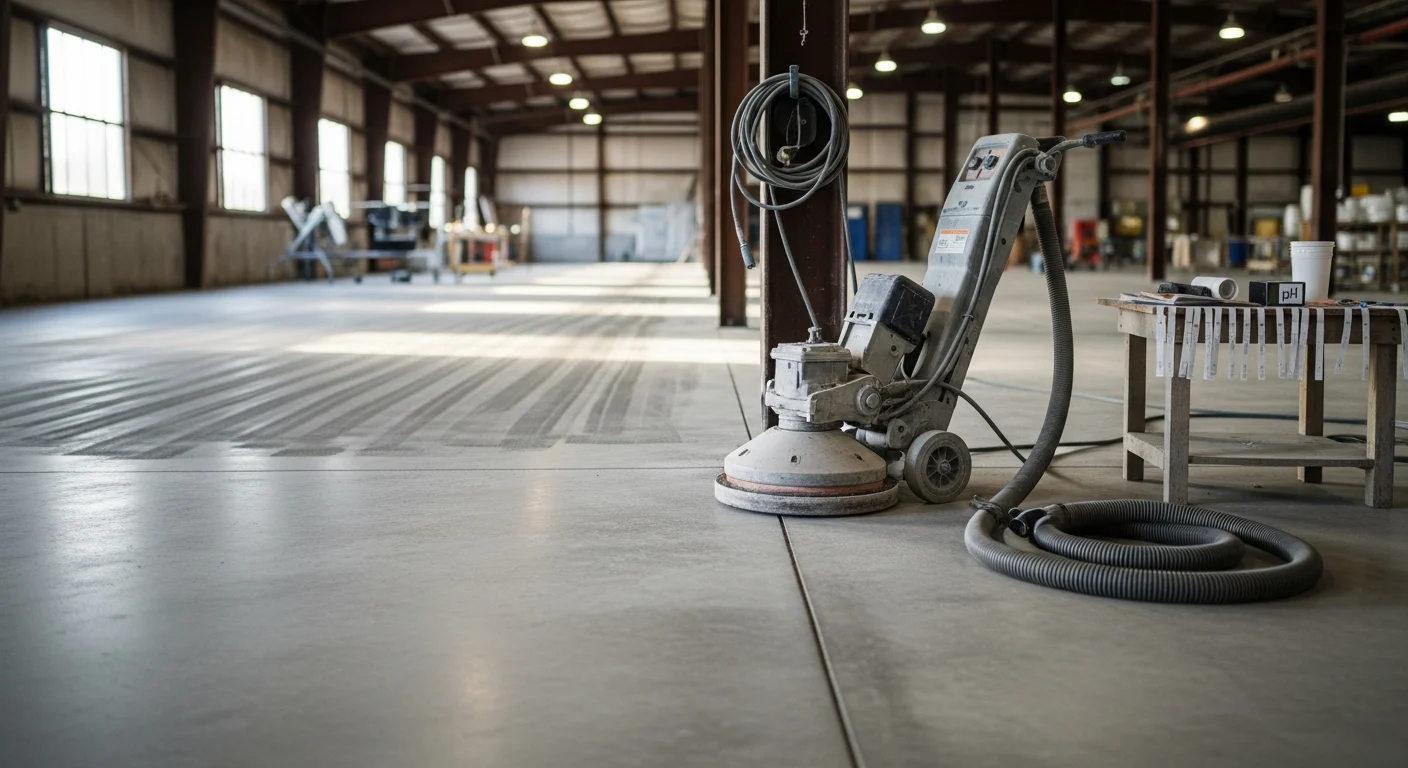 Freshly installed epoxy floor coating inside a commercial warehouse facility in South Shore MA, showing a smooth, high-gloss gray surface under industrial lighting. The floor is clear of debris and reflects the overhead lights, indicating a completed professional installation.