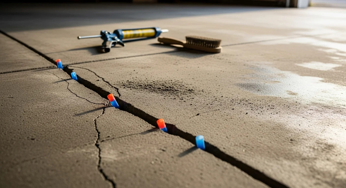 Close-up of a repaired concrete floor crack in a Raynham, MA garage, showing a clean epoxy-filled seam on a gray slab surface. The surrounding floor is prepped and ready for a full coating installation by USA Epoxy of New England.