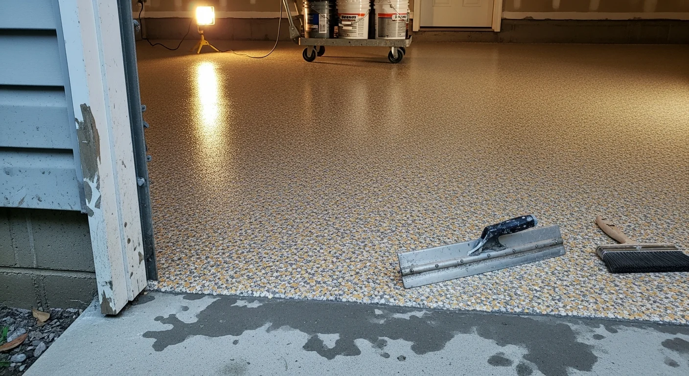 A finished decorative flake epoxy floor in a South Shore Massachusetts garage, showing a full-broadcast vinyl chip surface sealed under a clear gloss topcoat. The concrete slab displays even flake coverage with a textured, slip-resistant finish.