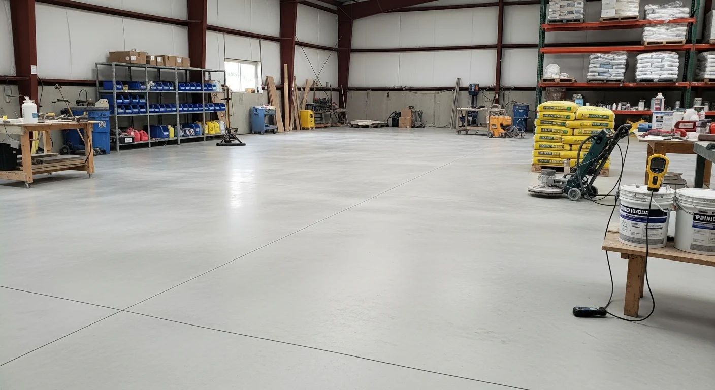 Freshly coated epoxy garage floor in a Raynham, MA residential property showing a smooth, glossy gray surface free of cracks and stains. Bags of epoxy coating supplies and a floor grinder are staged nearby, ready for a South Shore contractor project.