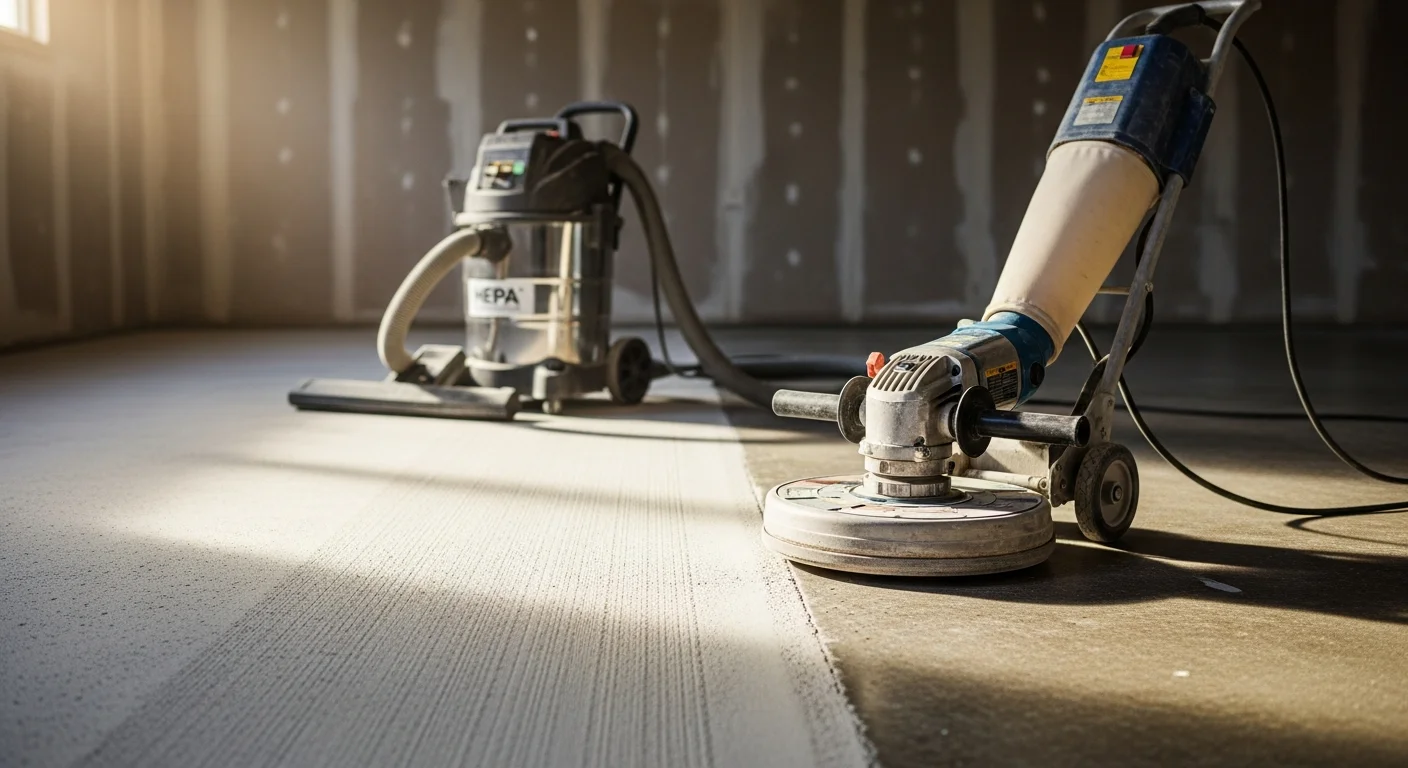 A professional floor grinder in use on a concrete garage slab at a South Shore, MA property, with dust shroud attached and surface showing fresh grinding marks ready for epoxy coating.