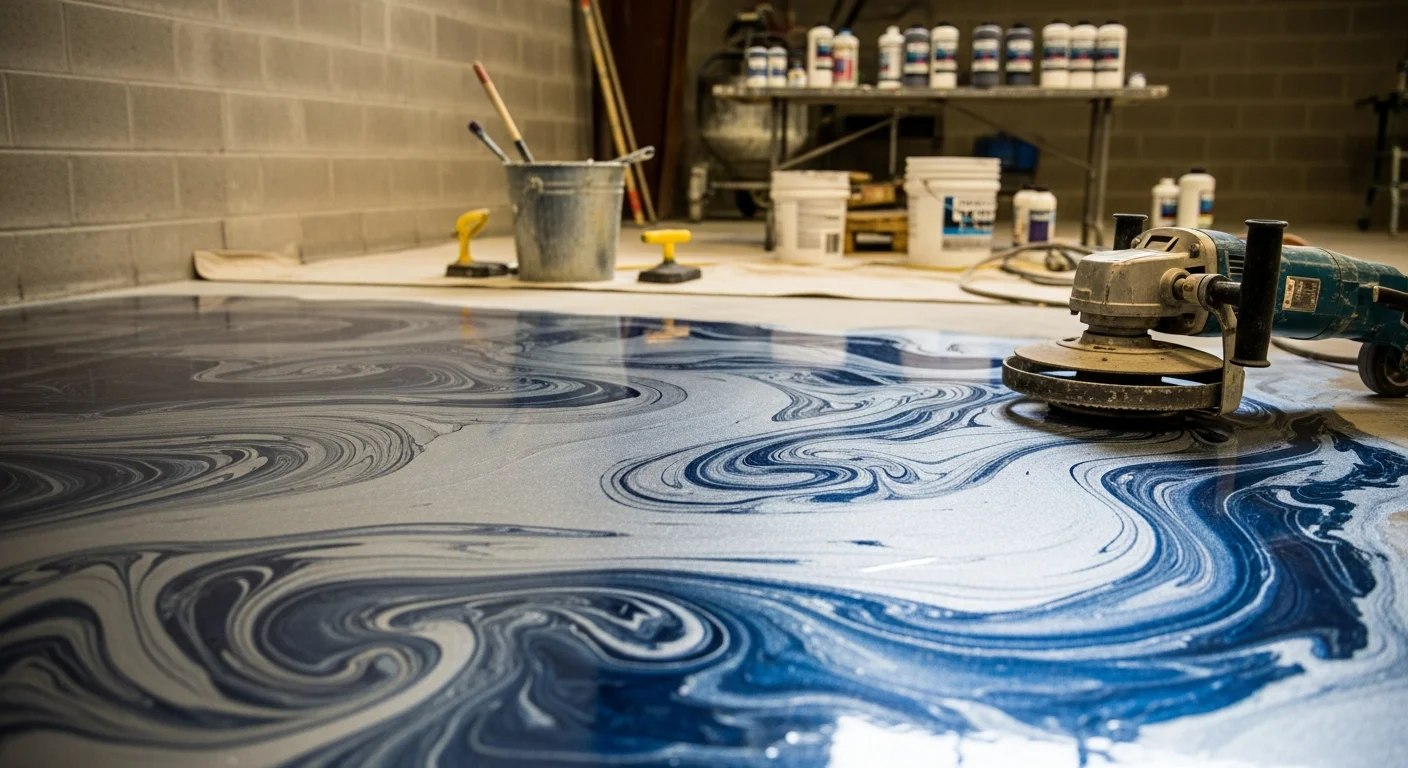 Metallic epoxy floor coating with deep, swirling pigment patterns applied to a concrete garage slab at a South Shore, MA property. Raynham-area installation showing high-gloss finish with three-dimensional color depth.