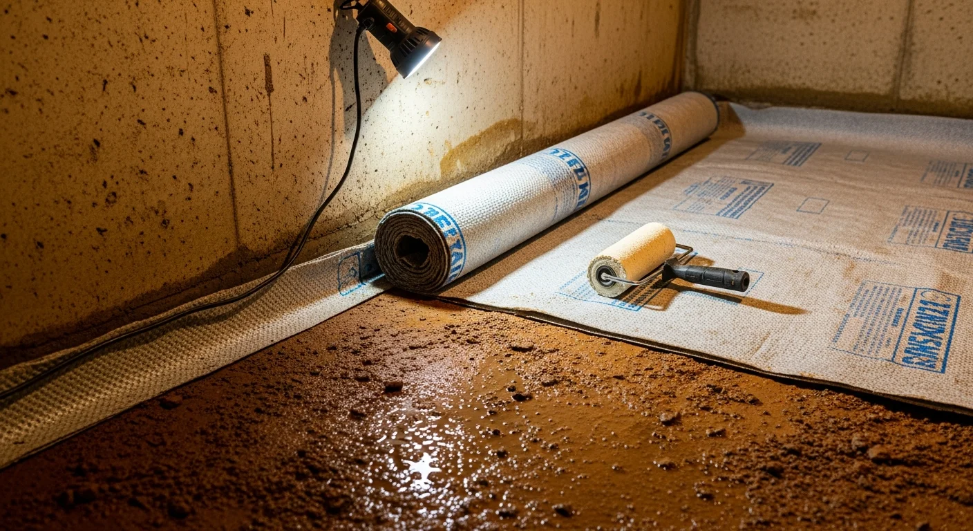 A moisture vapor barrier installed across the floor and foundation walls of a crawl space beneath a South Shore Massachusetts home. The heavy-duty polyethylene sheeting covers the exposed ground surface, with seams overlapped and sealed against the concrete foundation.