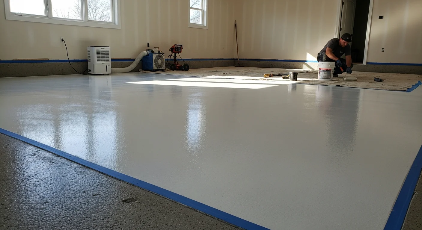 A finished polyaspartic-coated garage floor in a South Shore, MA home, showing a glossy, seamless gray surface with decorative flake broadcast. Shelving and a parked vehicle are visible in the background.