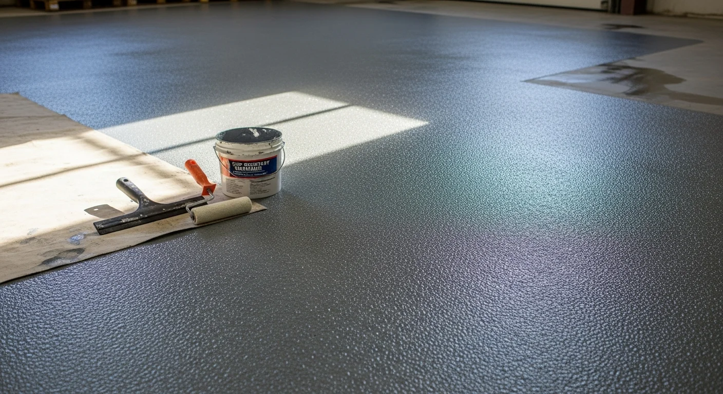 Close-up of a treated concrete garage floor in Raynham, MA showing a textured anti-slip surface finish applied by USA Epoxy of New England. The floor surface shows visible grip texture across the slab with clean, even coverage.